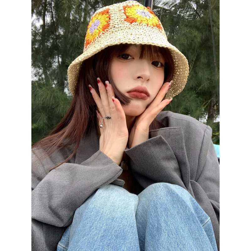 Wide Brim Hats Japan Korea Crochet Sun Hat Women Summer Flowers Pure Hand Woven Straw Beach Hat Sunshade Fisherman Caps Breathable Bucket Hat AA230414