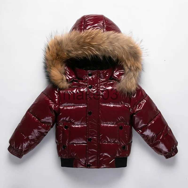 Down Coat 2023 Winter Kids Boys Down Jackets Patched Real Fur Hoodie Shiny Thick Parka Warm Waterproof Stretch Children Boys Outerwear J231115