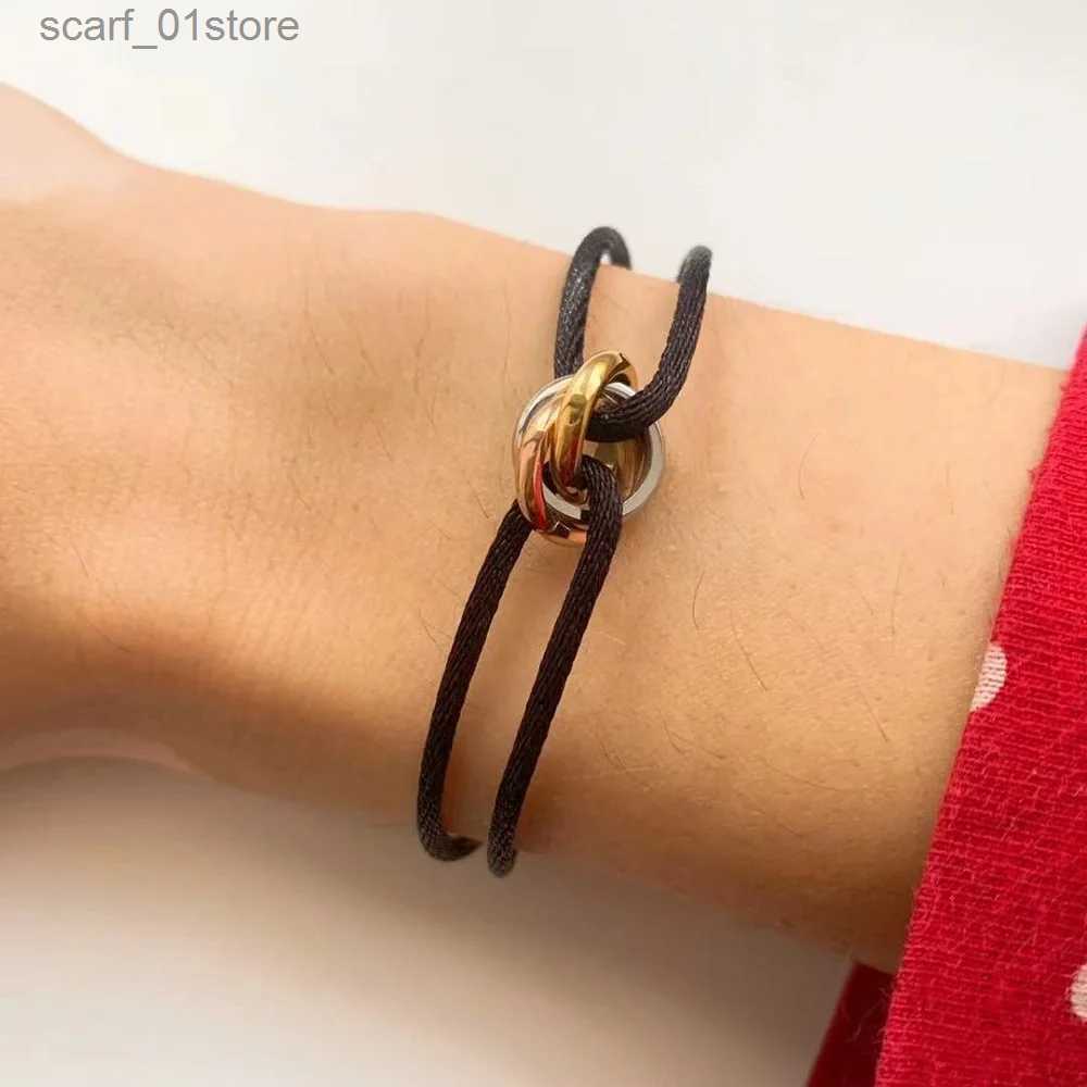 Chain New Hot Stainless Steel Bracelet 3 Metal Buckle Ribbon Lace Up Chain lticolor Adjustable Size Bracelet For Women Man UnisexL231115