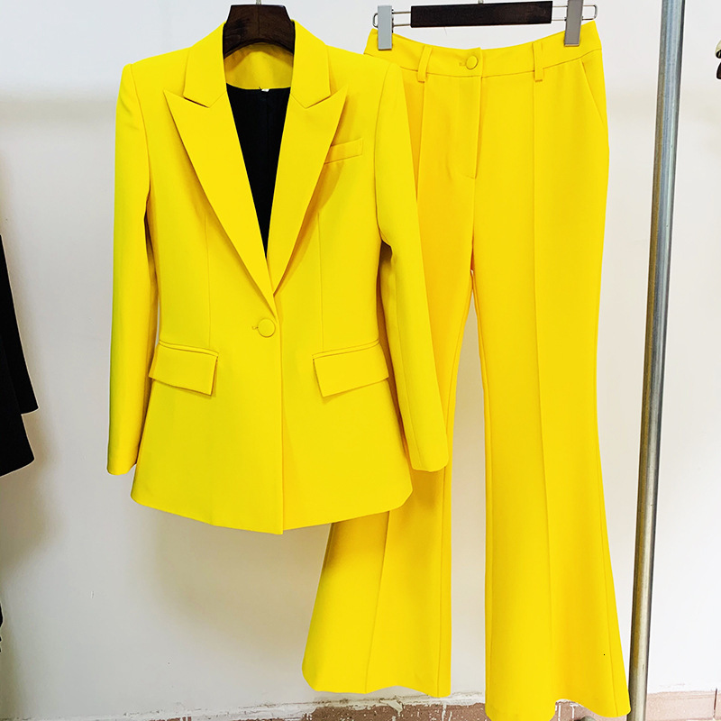 Women's Two Piece Pants Blazer Pantsuits Two Piece Set Office Ladies Women Yellow Purple Business Single Buttons Flared Pants Blazer Pants Formal