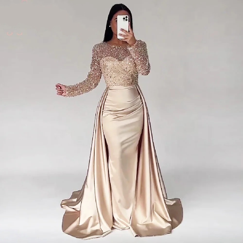 2024 Elegant Champagne Evening Dress O Neck Long Sleeves Beads Sequin Satin Women Formal Prom Party Night Gowns Vestidos De Longo