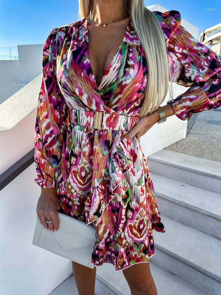 Casual Dresses Women Party Dress 2023 Loungewear Deep V-Neck Slim Fit Printing Fashion Mini Three Quarter Lantern Sleeve Ladies