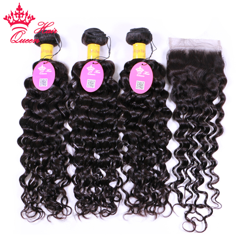 

Peruvian Water Wave Bundles With Closure Wet and Wavy Curly Virgin Human Raw Hair Bundles With Lace Closure Hair Extensions Queen Hair Official Store, Natural color