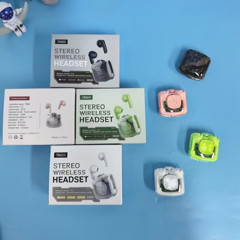 In-ear Earphone TWS Bluetooth headphone TM60 Model Wireless Earphone Mirror screen LED display Two Earbuds with built-in Microphone high Quality Headp