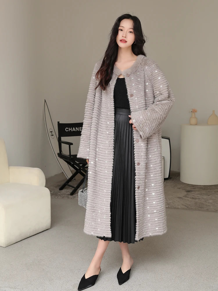 Women's Fur Faux HDHOHR 2023 High Quality Knitted Mink Coats Fashion Natural Jacket Mermaid decoration Long Winter Female Warm Coat 231114