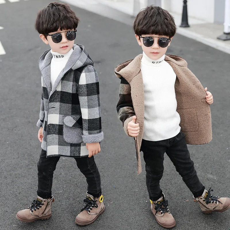 Coat Fashion Boys Clothing Jackets Autumn Winter Parka Clothes Medium Long Windbreaker Plaid Thicken Lamb Children Woolen Coats 231115
