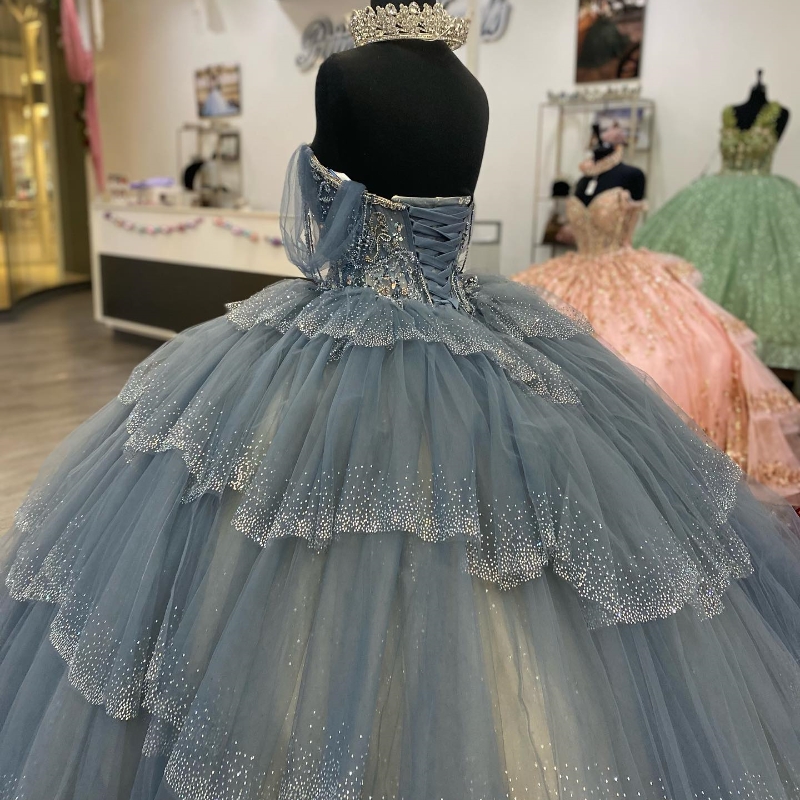 Grey Shiny Quinceanera Dresses Year Ball Gown Sexy Sweetheart Off The Shoulder Beads Long Party Dress For Girl 6660306