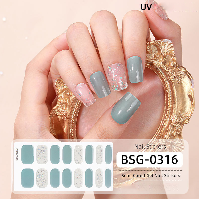16PCS Semi Cured Gel Nail Polish Strips for Full Wrap Gel Nail Art Sticker of Waterproof with Nail File and Stick