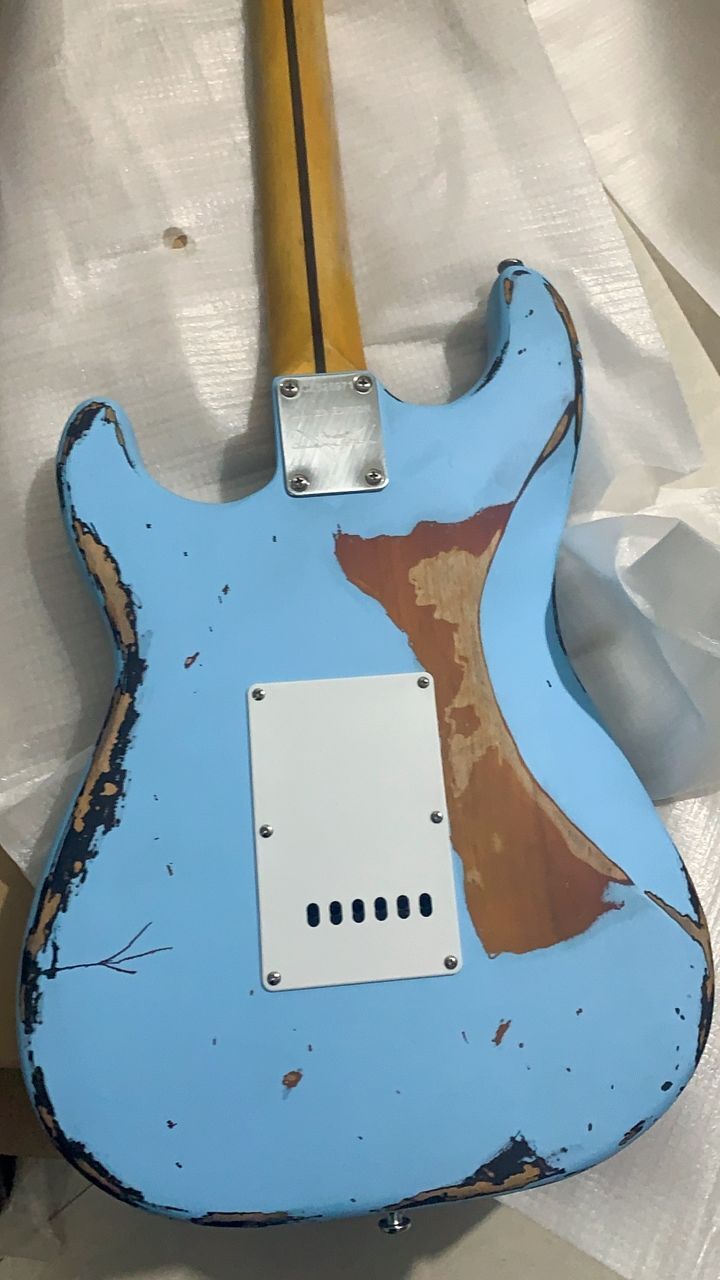 Custom 62 Heavy Distressed Daphne Blue Over Sunburst Electric Guitar - Cream Pickguard, Alder Body, Maple Fingerboard, Tremolo Bridge, Vintage Tuners