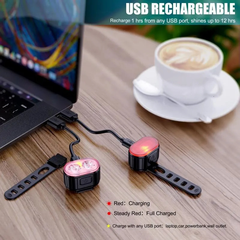 Bike Lights Cycling Bicycle Front Rear Light Set USB Charge Headlight MTB Waterproof Taillight LED Lantern Parts 231115