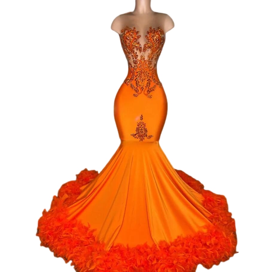 Orange Feathers mermaid Prom Dresses 2023 Crystal Beading gillter African Girls sheer o-neck Party Gowns Long aso ebi Evening Dress