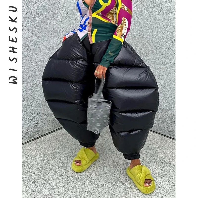 Women s Pants High Waist Cotton Padded Puff Winter Warm Black Casual Trousers 2023 Fall Harajuku Fairy Grunge Clothes 231114