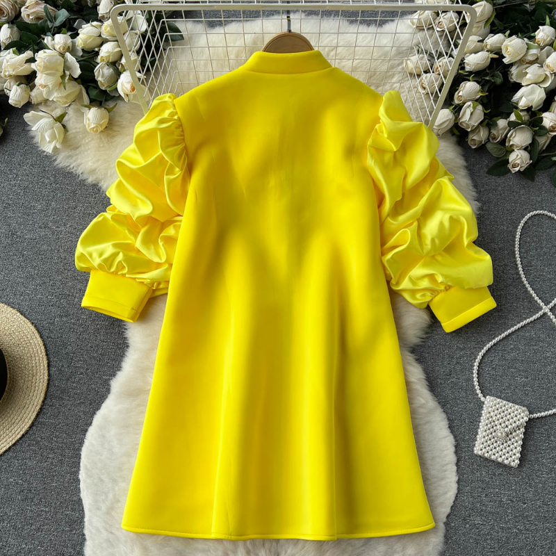 Women's Blouses Vestidos De Mujer Elegant Stand Neck Pleated Puff Long Sleeve Robe Femme Solid Color Zipper Loose Casual Dresses 2024
