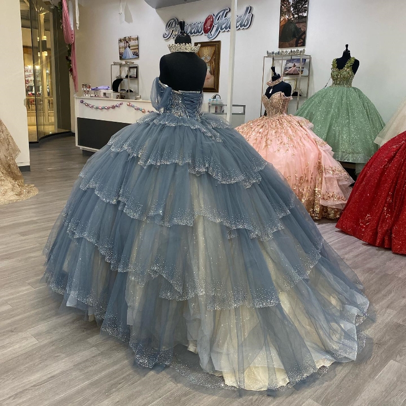 Grey Shiny Quinceanera Dresses Year Ball Gown Sexy Sweetheart Off The Shoulder Beads Long Party Dress For Girl 6660306