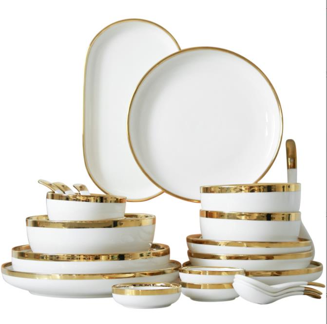 High-quality Matte Gilt Rim White Porcelain Dinner Tray Kitchen Plates Ceramic Tableware Food Dishes Rice Salad Noodles Bowl