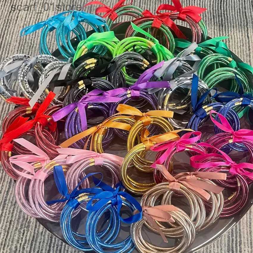 Chain 9pc Shiny Glitter Stackable Jelly Tube Plastic Bangles Bracelets Set for Women Filled Sile Lightweight Wrist for Girls GiftL231115 - view 7