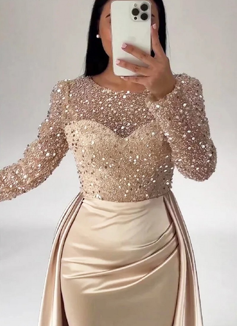 2024 Elegant Champagne Evening Dress O Neck Long Sleeves Beads Sequin Satin Women Formal Prom Party Night Gowns Vestidos De Longo
