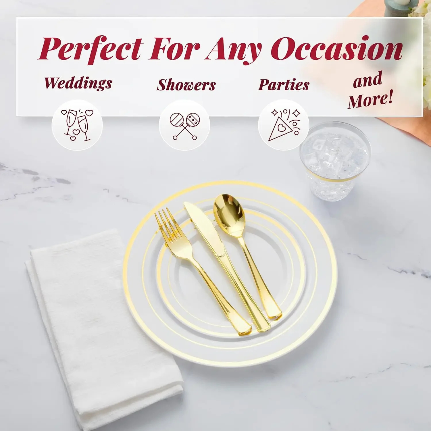 Disposable Flatware 600 Piece Gold Plastic Dinnerware Set 100 Guests Plates for Party 231115