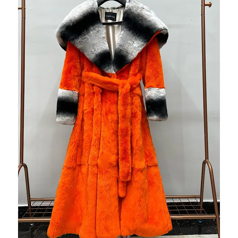 Women's Fur Faux 2023 Winter Women Real Rex Rabbit Turndown Collar Long Coats With Natural Skin Genuine Jackets Overcoat Fashion 231114