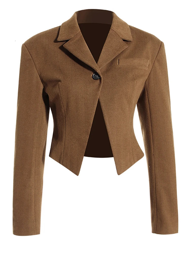 Women s Two Piece Pants EAM Brown Denim Short Blazer Wide Leg Suit Lapel Long Sleeve Women Fashion Spring Autumn 2023 7AB2008 231114