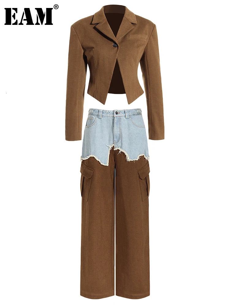 Women s Two Piece Pants EAM Brown Denim Short Blazer Wide Leg Suit Lapel Long Sleeve Women Fashion Spring Autumn 2023 7AB2008 231114