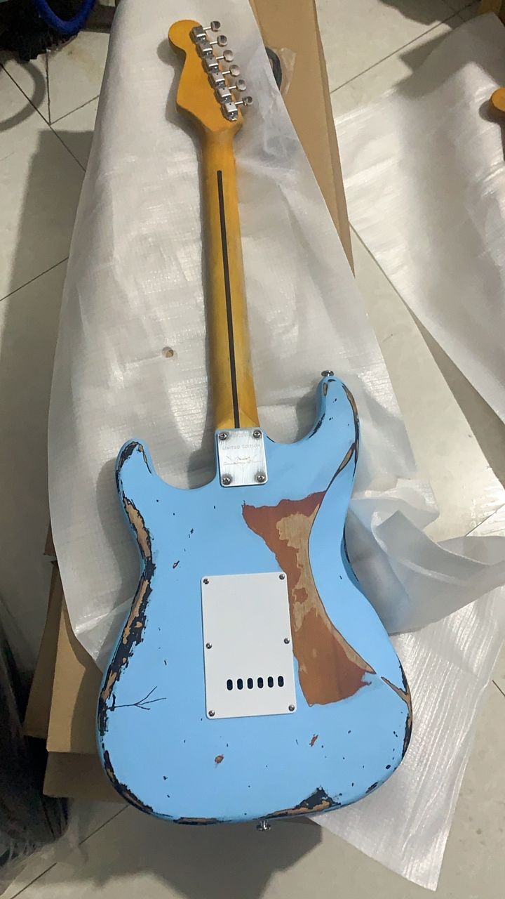 Custom 62 Heavy Distressed Daphne Blue Over Sunburst Electric Guitar - Cream Pickguard, Alder Body, Maple Fingerboard, Tremolo Bridge, Vintage Tuners
