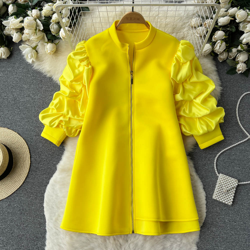 Women's Blouses Vestidos De Mujer Elegant Stand Neck Pleated Puff Long Sleeve Robe Femme Solid Color Zipper Loose Casual Dresses 2024