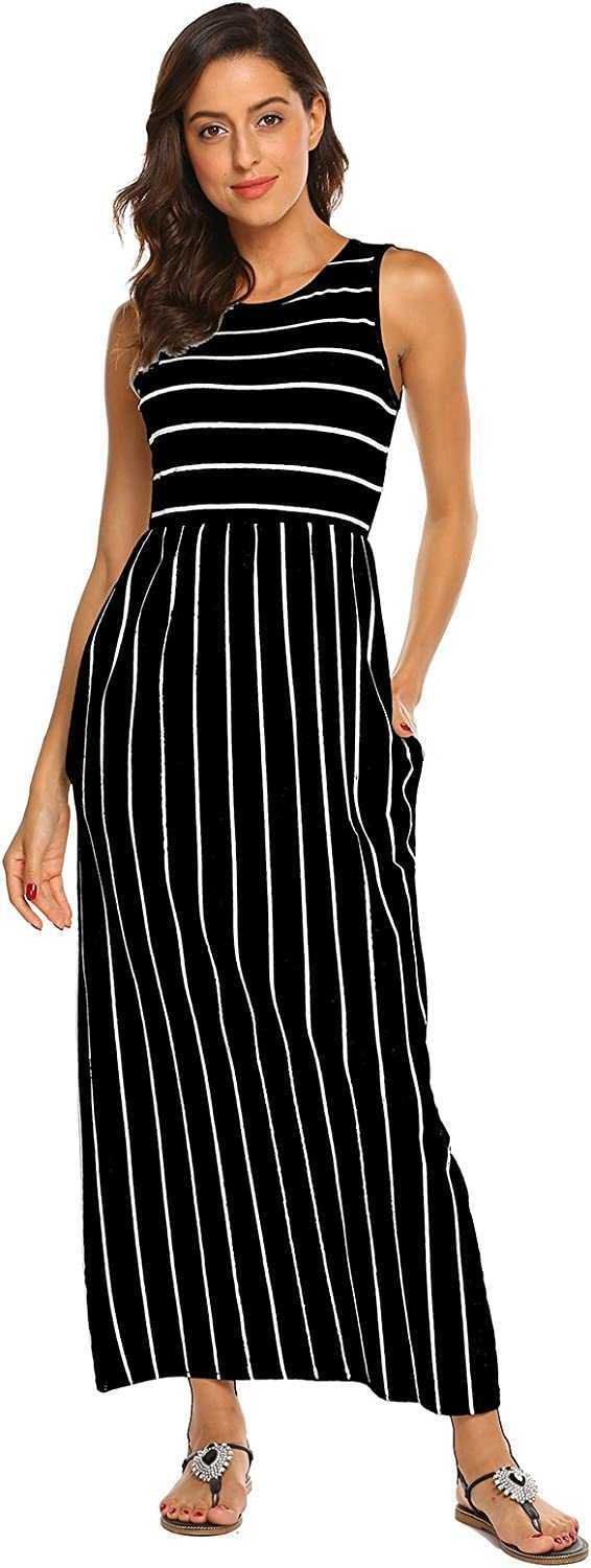 Women's Summer New Sleeveless Striped Flowy Casual Long Maxi Dress With Pockets Casual Favourite Fashion New Arrivals