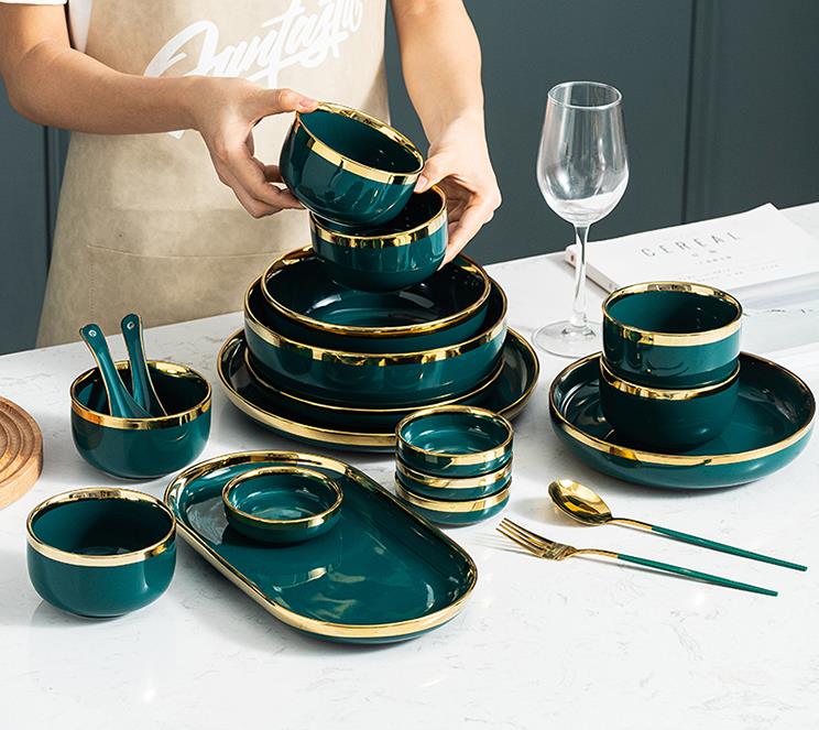Dark Green Ceramic Dinnerware Set Dessert Dinner Plate Dishes Plates and Bowls Set Luxury Tableware Set Restaurant Home Gift