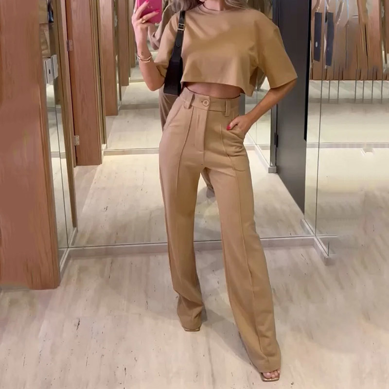 Women's Two Piece Pants Wefads Women Two Piece Set Summer Fashion Round Neck Short Sleeve Solid Top Loose With Pockets Pants Sets High Streetwear