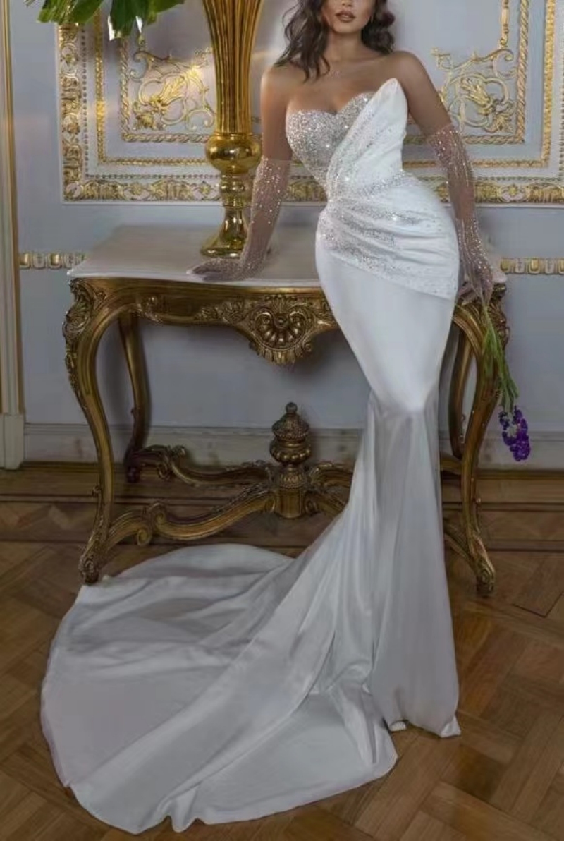 New Sparkly Crystal Rhinestones Mermaid Wedding Dresses Off The Shoulder Satin Overskirts Bridal Gowns Dubai Vestidos De Novia With Detachable Train 4