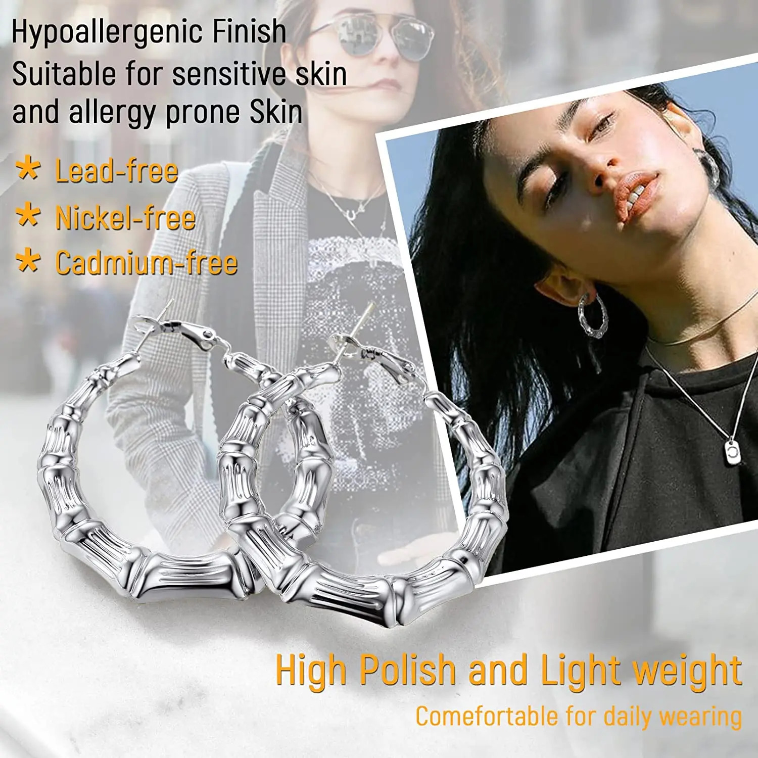 Stud Bamboo Hoop Earrings Diameter 40mm 60mm 80mm for Women Stainless Steel Hypoallergenic Hyperbole Jewelry 231114