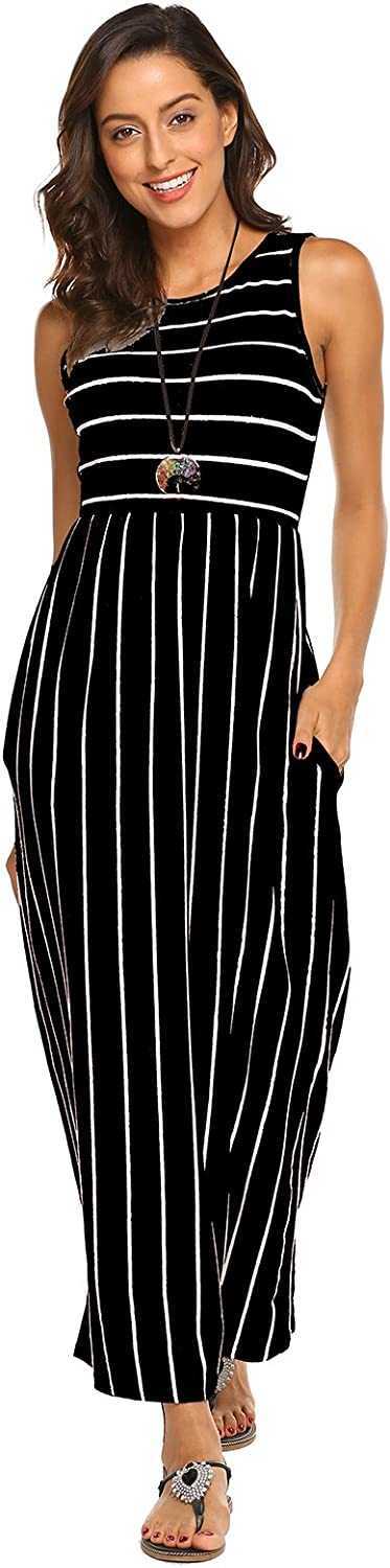Women's Summer New Sleeveless Striped Flowy Casual Long Maxi Dress With Pockets Casual Favourite Fashion New Arrivals