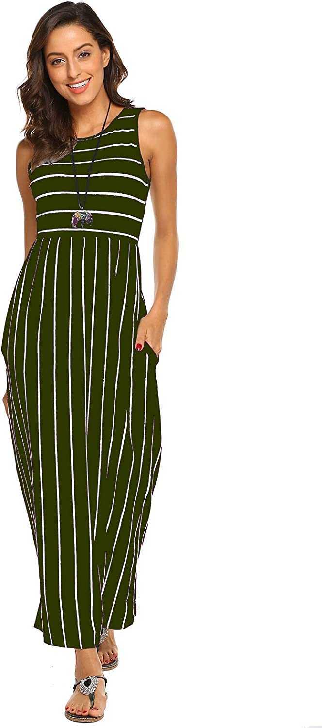 Women's Summer New Sleeveless Striped Flowy Casual Long Maxi Dress With Pockets Casual Favourite Fashion New Arrivals