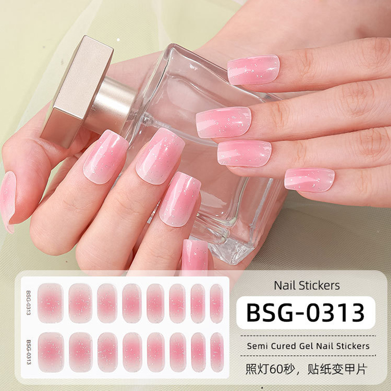 16PCS Semi Cured Gel Nail Polish Strips for Full Wrap Gel Nail Art Sticker of Waterproof with Nail File and Stick
