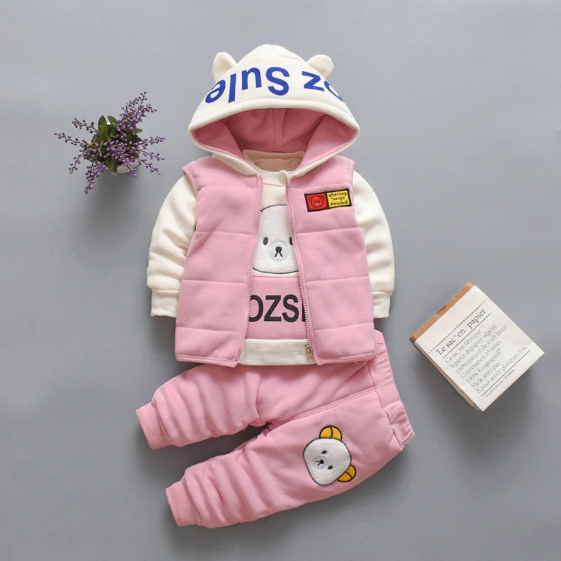 Clothing Sets Autumn Winter Baby Girl Clothes Children Boys Thickened Hooded Vest T Shirt Pants 3Pcs Sets Toddler Costume Kids Tracksuits 231115