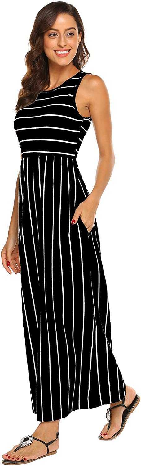 Women's Summer New Sleeveless Striped Flowy Casual Long Maxi Dress With Pockets Casual Favourite Fashion New Arrivals