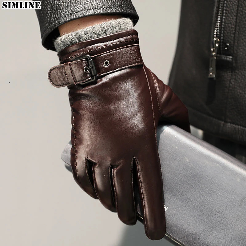 Five Fingers Gloves Genuine Leather Gloves For Men Male Sheepskin Touch Screen Winter Warm Windproof Mittens Driving Cycling Motorcycle Men's Glo