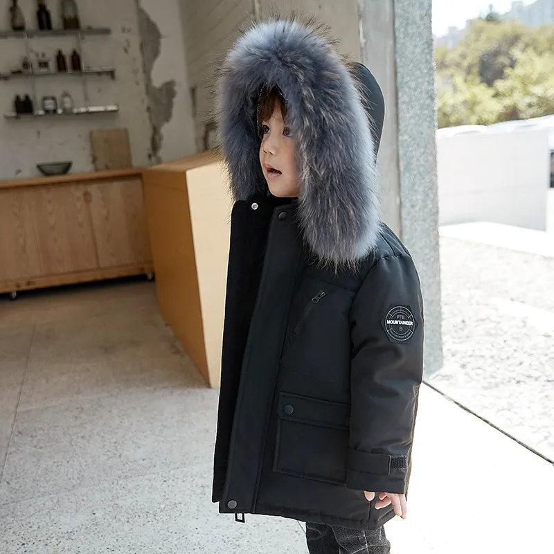 Real Fur White Duck Down Coats 2024 Winter Children Midi Length Down Jacket New Warm Kids Boys Thicken Coat Hooded Baby Snowsuit