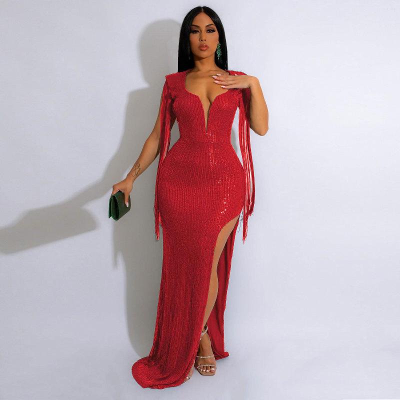 Casual Dresses Sexy Backless Tassel Sequins Dress Nightclub Sleeveless Deep V Pure Color Open Fork Women Floor Length