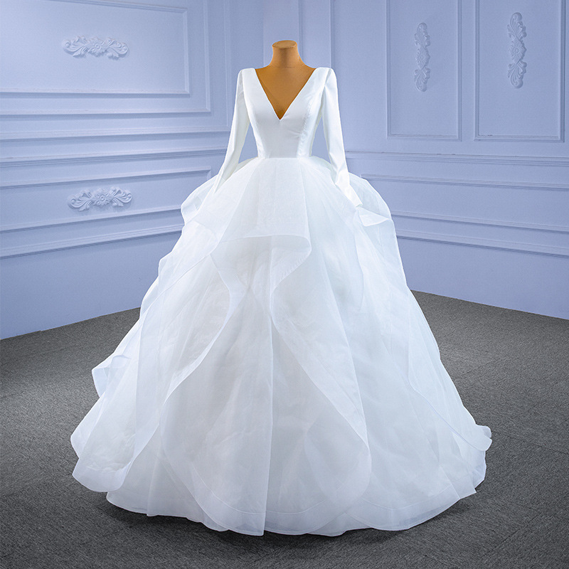 Elegant A-line Women Wedding Dress 2024 Deep V-neck Long Sleeves Ruffles Tulle Satin Court Train Bridal Bride Gown Vestidos De Noiva Robe De Mariage