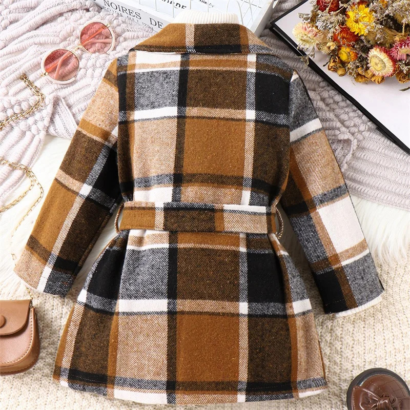 Coat Little Kid Girl Long Sleeve Jacket Dress Plaid Turn down Collar Button Down Sweater With Belt Fall Winter Clothes 231116