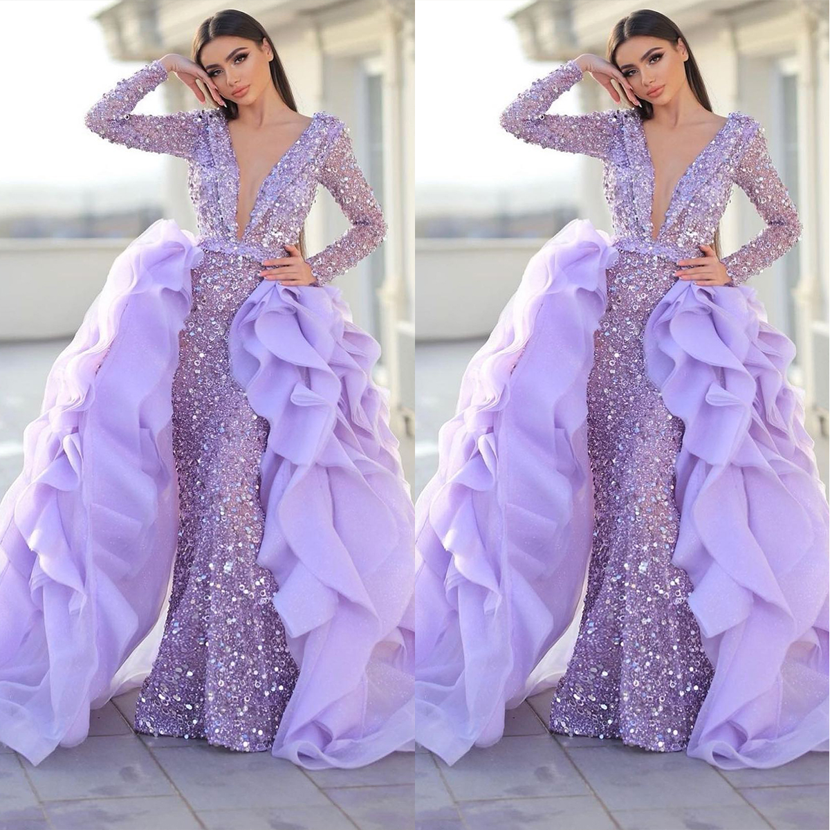 Gorgeous Mermaid Prom Dresses Deep V-neck Long Sleeves High Shining Sequins Belt Backless Tulle Floor Length Custom Made Party Dress Plus Size Vestido