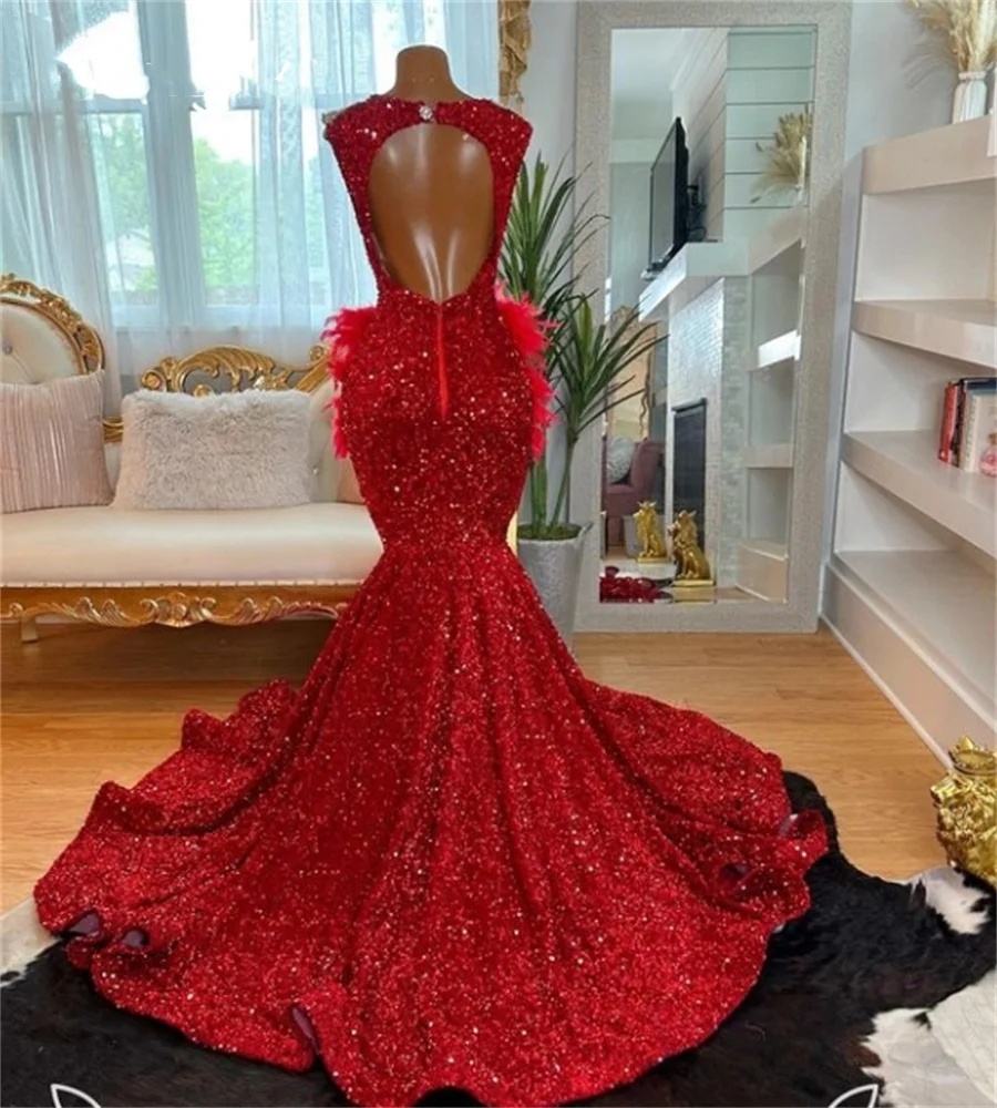 Sequin Sparkly Red Prom Dress for Black Girls 2024 Feather Mermaid Plus Size African Evening Gowns Sexy Open Back Beaded Party 322