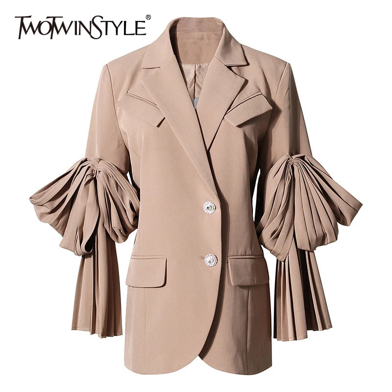 Women's Suits Blazers TWOTWINSTYLE Black Patchwork Ruffle Blazer For Women Notched Long Sleeve Korean Casual Blazers Female Fashion Clothing 2311