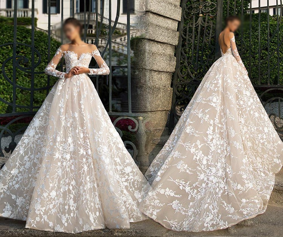Champagne A-line Women Wedding Dress 2024 Sheer Neck Long Sleeves 3D Flowers Lace Appliques Tulle Bridal Bride Gown Open Back Vestidos De Noiva Robe D