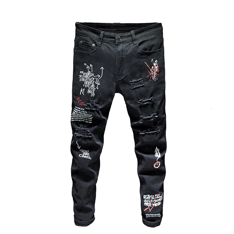 Men's Jeans Men Streetwear personality Ripped printed white skinny Jeans Hip Hop Punk Casual motorcycle stretch denim jeans trousers 231116