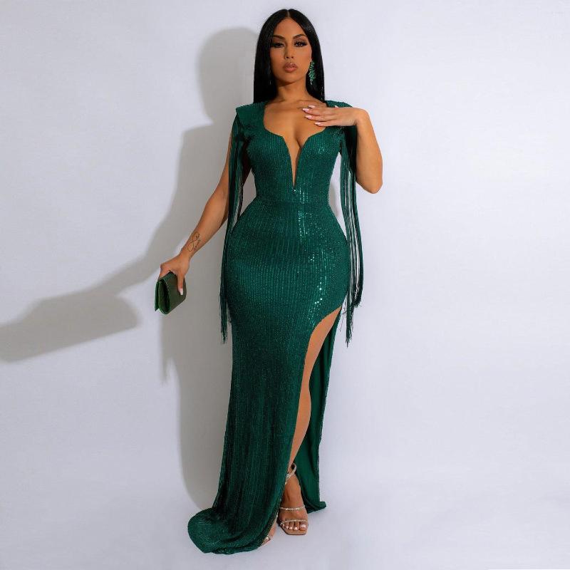 Casual Dresses Sexy Backless Tassel Sequins Dress Nightclub Sleeveless Deep V Pure Color Open Fork Women Floor Length