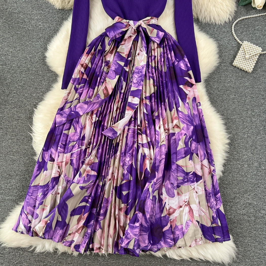 High end temperament dress with fake two pieces of skirt underneath High-end and slimming high neck knitted patchwork floral long skirt