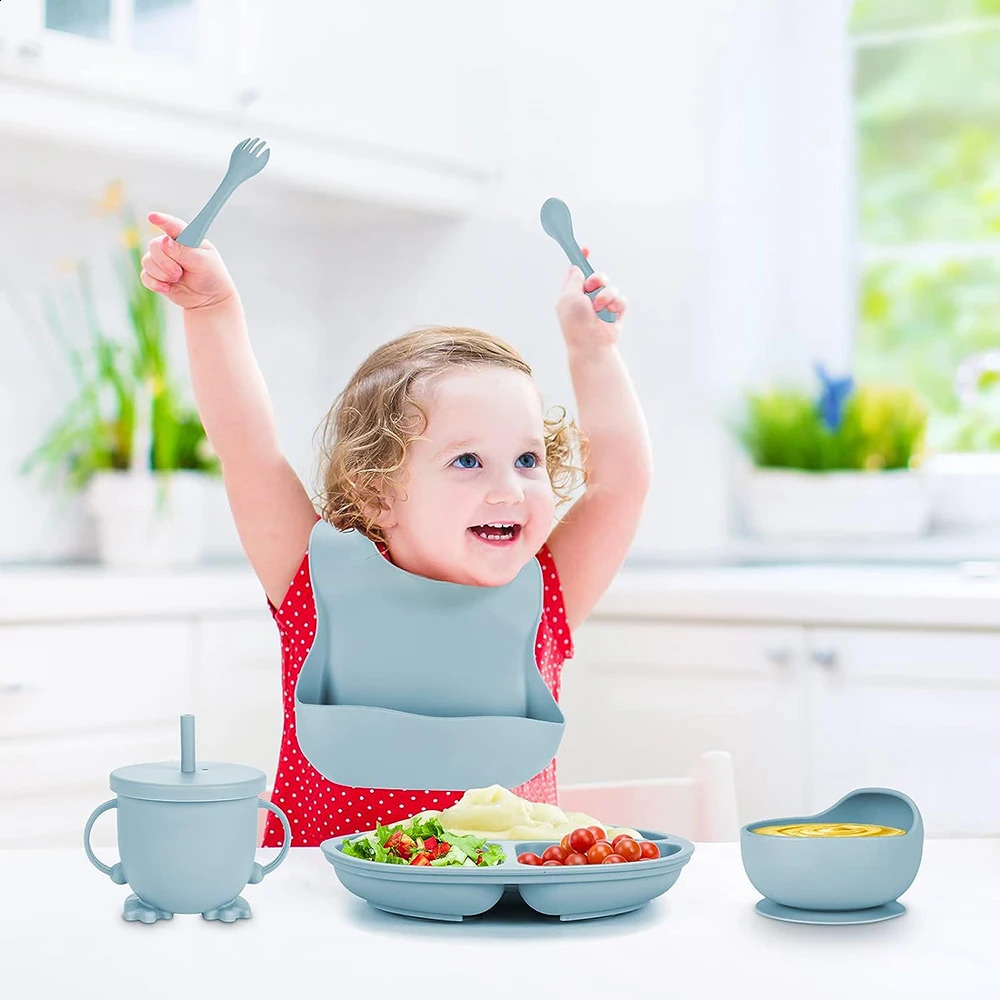 Cups Dishes Utensils Children s Set Baby Silicone Tableware 6PCS Sucker Bowl Bib Cup Fork Spoon Maternal and Infant Supplies BPA Free 231116